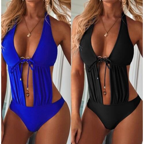 One Piece Suit Swimsuit Sexy Lace Up Metal Ring Solid Color Hanging Neck Bikini Set Backless Design Elegant Fashion Summer