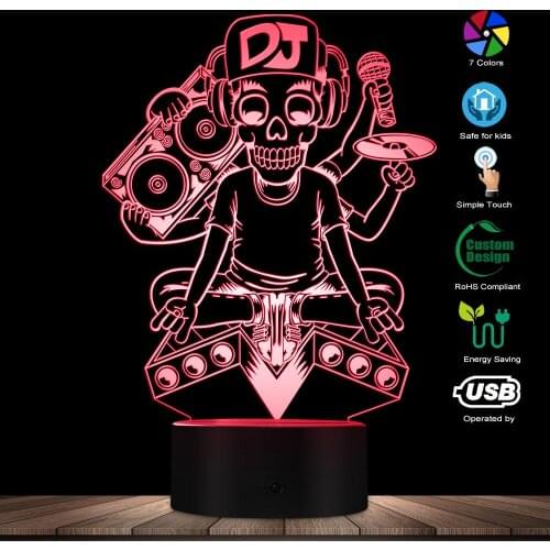 Tattoo DJ Music Skeleton Microphone Silhouette Night Lamps DJ Skull 3D Visual Table Lamp Lights Rock Music Decorative Lighting