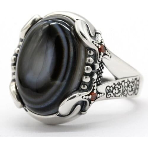Solid 925 Silver Men Ring Evil Eye Natural Agate Stone Auspicious Goat Signet Ring for Women Men Luxury Vintage Party Ring Onyx