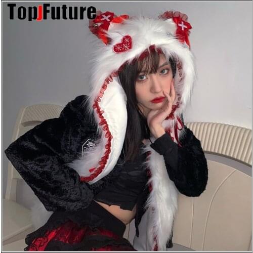 Harajuku Gothic Grunge Mechanical Cat Ear Hat For Women Girls Plush Hooded Gloves Scarf Caps Cosplay christmas party furry hat