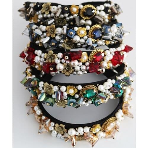 New Trendy Hair Accessories Color Crystal Jewelry Pearl Beading Baroque Crown Wide Metal Hairband Tiara Women Party Wedding Gift