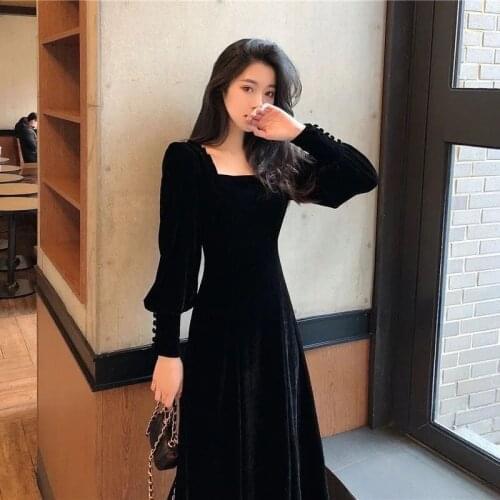 Spring Autumn 2021 new gold velvet dress women French retro square collar waist Office Lady Knee-Length vestido de mulher