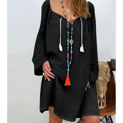 New Womens Fashion Sweatshirt Long Sleeve Dress Women Casual V-Collar Pocket Simple Drawstring Dress