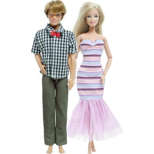 2 Pcs /Set Couple Doll Dress Daily Casual Wear Clothes For Barbie Doll Plaid Shirt Clothes For Ken Doll Accessories Baby DIY Toy