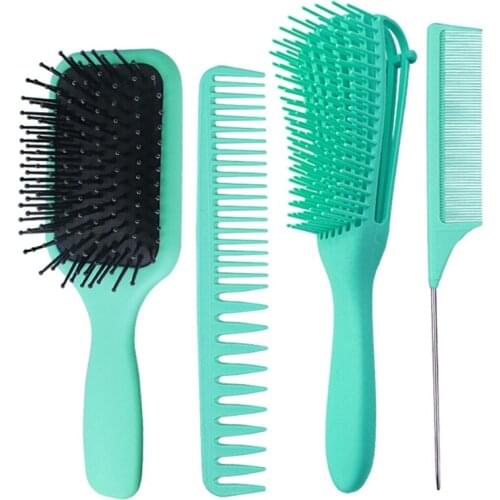 4 PCS Hairbrush Set - Detangler, Styling Brush, Tail Comb & Wide Tooth Comb for Women, Men, Great on Wet or Dry Hair
