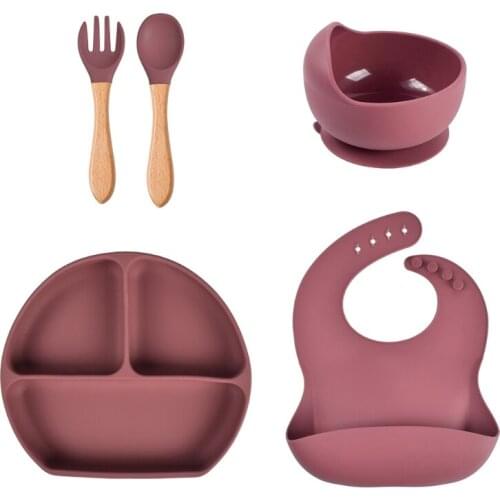 5 Pcs Baby Silicone Bibs Divided Dinner Plate Sucker Bowl Spoon Fork Set Training Feeding Food Utensil Dishes Tableware Kit for