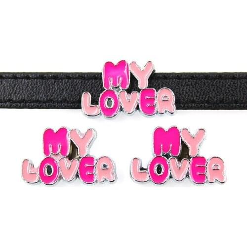8mm Pink My Lover Slide Charms Flat Hole Enamel Beads Keeper Fit 8mm Stainless Steel Mesh Bracelets DIY Jewelry Making
