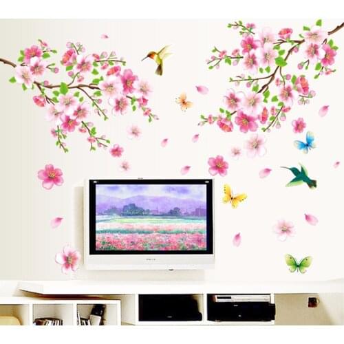 Large 9158 Elegant Flower Wall Stickers Graceful Peach Blossom birds Wall Stickers Furnishings Romantic Living Room Decoration