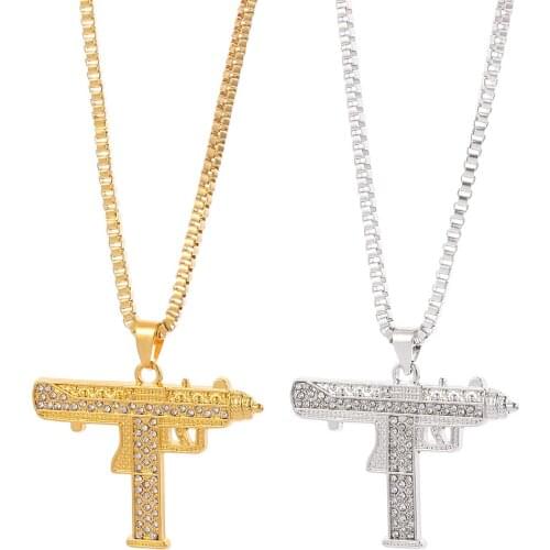 Bling Uzi Gun Long Chain Pendant Necklace Women Men Fashion Hip Hop Jewelry Rhinestone Tennis Chain Necklaces Gun Shape Gfits