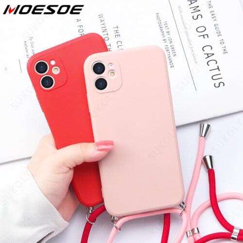 For iPhone 12 11 Pro Max Case Square Liquid Silicone Lanyard Case For iPhone XS XR 7 8 Plus SE 2020 Neck Strap Rope Cord Cover