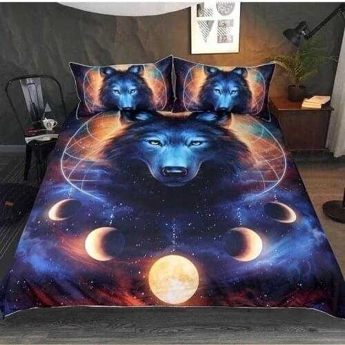 3D Sun Moon and Wolf Print Bedding Set Wolves Animals Duvet Cover Set For Men Adults Kids Boy Bedroom Bedclothes Queen King