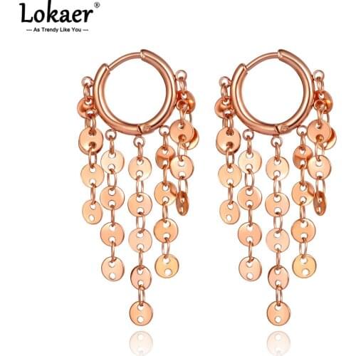 Lokaer Trendy Titanium Stainless Steel Bohemia Party Hoop Earrings Geometry Tassels Earrings Jewelry For Women Kolczyki E21037