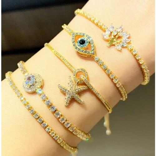 Starfish tree multicolor crystal micro pave cz zircon cubic zirconia Bracelet Adjustable silicone Snake Chain Jewelry etg34