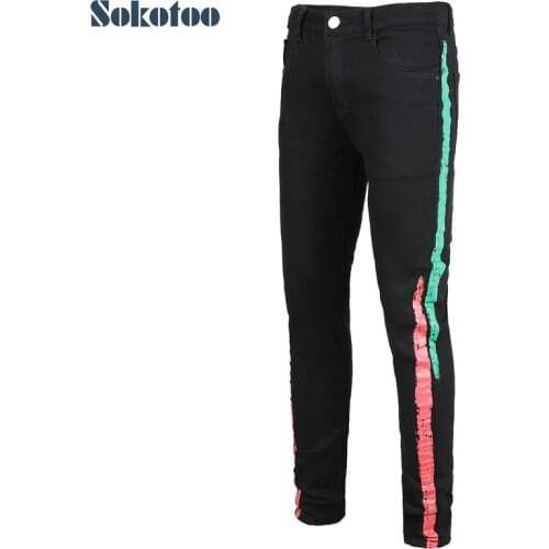 Sokotoo Mens colored stripe printed black stretch denim jeans Slim fit plus big size painted long pants