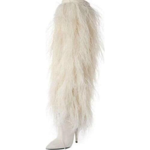 New Designer White Feather Fringe Ladies Boots Sexy Pointed Toe Cone Heels Over The Knee Womens Chelsea Boots Plus Size 12