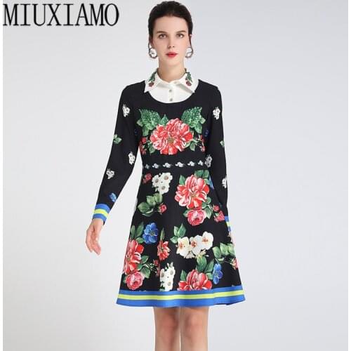 MIUXIMAO High Quality 2020 Fall Dress Newest Long Sleeve Black Flower Print Elegant Casual Dress Women Vestidos