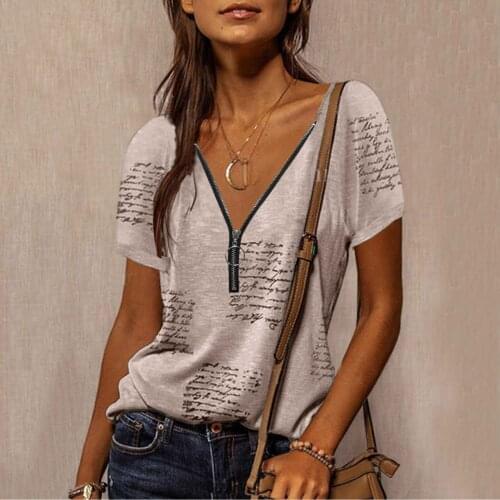 Letter Print Women Casual T Shirt V Neck Zipper Loose Short Sleeve Top Summer Fashion Sexy Plus Size Clothing Top De Mujer 2021