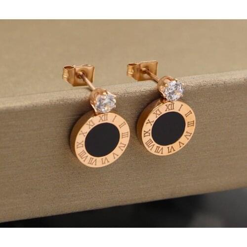 Martick Roman Numeral Stud Earrings With Black Shell Design Shining Cubic For Women High Quality Brand Jewelry E31