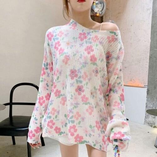 Sweet Chic Floral Print Knitted Sweater Female Thin Spring Autumn Loose Pullover O-neck Long Sleeve Knitwear Top 2021 Trend New