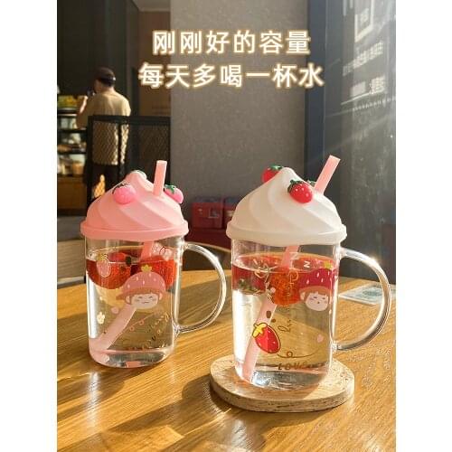 Glass high-value water cup female summer cute with lid large-capacity household coffee cup ins wind straw teacup