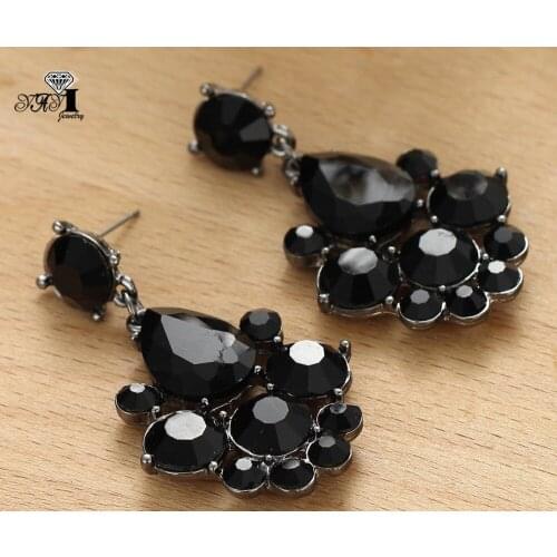 YaYi Jewelry New Black Glass Gray Rhinestone Dangle Crystal Earring Womens Fashion Ancient Silver Color Gem Earrings 1166