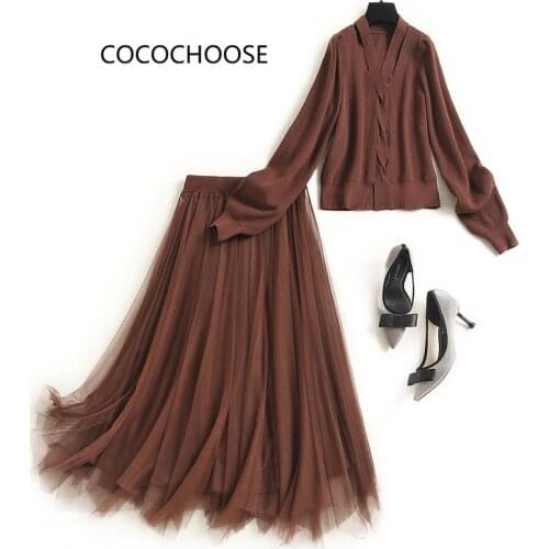 New 2020 autumn winter women black skirt long mesh skirts and knitted sweater V-neck lanterns sleeve pullovers two piece set