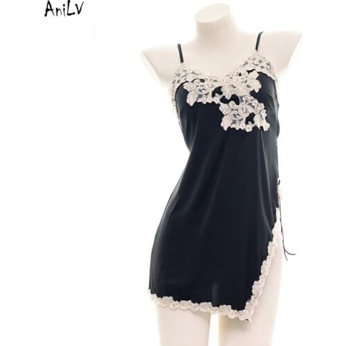 AniLV Wome Sexy Black Sling Nightdress Uniform Costume Girl Backless Lace Split Spaghetti Strap Dress Cosplay Clothes