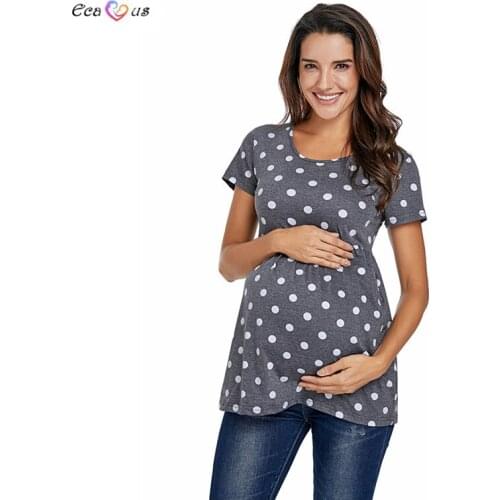 Womens Maternity Clothes Tops Short Sleeve Polka Dot Print Round Neck Pregnant Clothing Tunic Shirt Pregnancy Tee Plus Size
