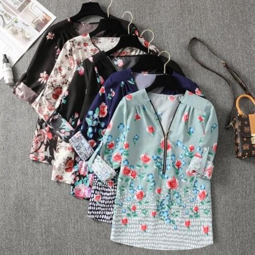 Women Autumn Floral Print Zipper V Neck Shirt Casual Loose Long Sleeve Vintage Pullover Blouse Office Lady Mujer Blusas Fall Top