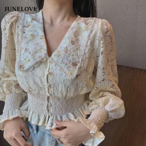 JuneLove Embroidery Flower Women Crop Blouse Long Lantern Sleeve Cropped Shirt Female Chic Korean Blouses Elegant Lady Blusas