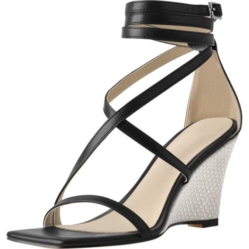 Richealnana Wedges Heel Sandals Square Toe Women 2021 Ankle Buckle Cross Band Matte Black Summer Concise Sandals