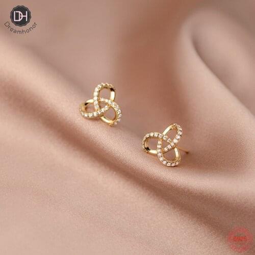 Dreamhonor Bijoux Fashion Hollow Flower Crystal 14K Gold Plated Stud Earrings for Women 925 Sterling Silver Wedding Jewelry