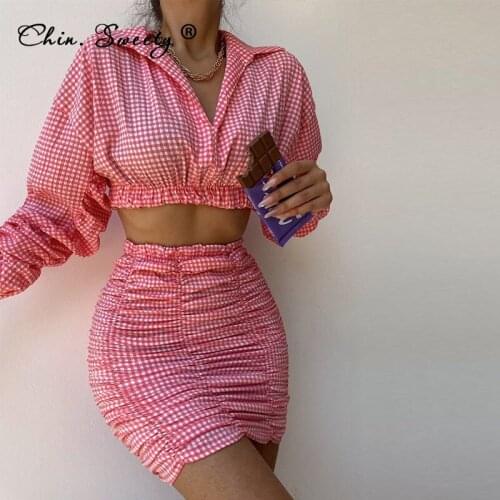 Plaid Print Womens Long Sleeve Mini Skirt Set 2021 Autumn Turn-down Cropped Tops Skinny Ruched Skirts Female Office Lady Suit