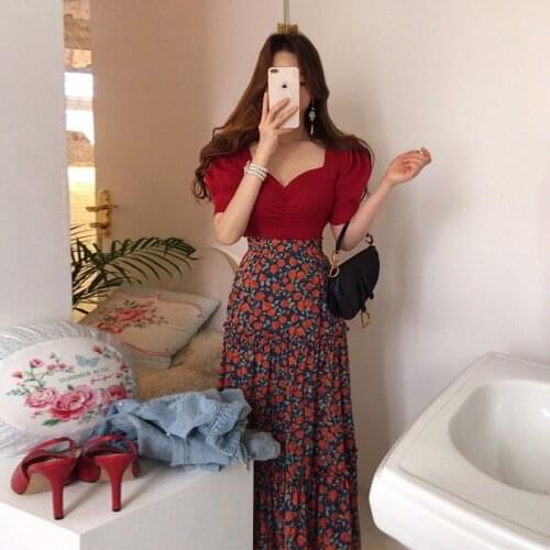 2021 Summer Chic V Neck Slim Knitted Blouse Puff Sleeve Top And Printed High Waist Long A Line Skirts Temperament Two Pieces Set