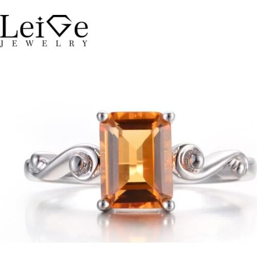 Leige Jewelry Citrine Promise Rings Real Natural Yellow Citrine Rings Emerald Cut Rings 925 Sterling Silver Solitaire Ring Gifts