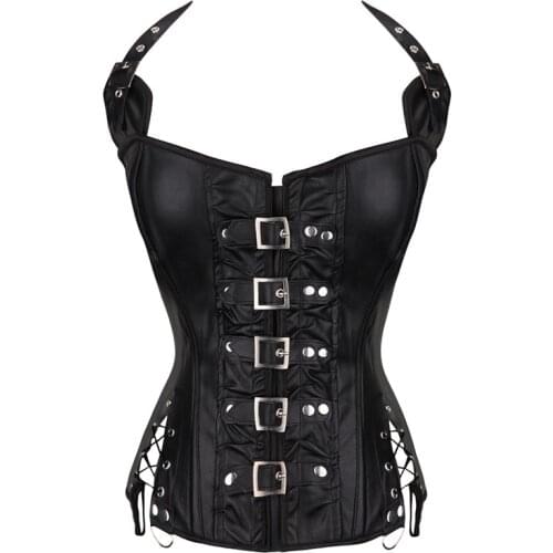 Womens Brown Black Lingerie Halterneck Corsets Bustiers Steampunk Zip Leather Corset Sexy Gothic Party Clubwear Corselet