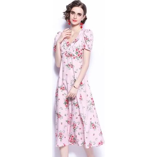 Summer Runway Dress Vintage Elegant Floral Printing V Neck Street Chic Casual Women Midi Long Dress k2048