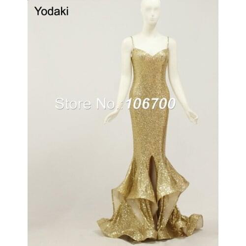 2018 Stunning Gold Sequins Ruffled Mermaid Prom Dress Sexy Sweetheart Spaghetti Straps Side Splits Custom Made Evening Gowns865