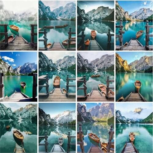 5D Landscape Diamond Painting Lake Boat DIY Full Round Drill Mountains Handmade Diamond Embroidery Kit Home Art Decoration