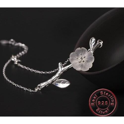Amxiu Luxury Handmade 925 Silver Bracelets Branch Plum Flower Jewelry Vintage Bracelet for Women Girls Birthday Gift Accessories