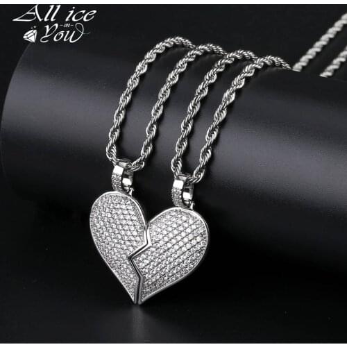 ALLICEONYOU Fashion Broken Heart Iced Out Chain Pendant Necklace Statement Cubic Zircon Necklace Hip Hop Mens Jewelry Gift