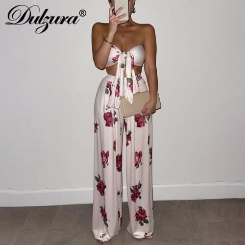 Dulzura Floral Print Two Pieces Lace Up Crop Top Wide Leg Pants Set Elegant Party Streetwear 2021 Summer Outfit