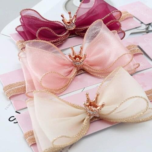 Baby Girls Stretch Headband Soft Mesh Bows Alloy Crown Galloon Lace Headdress Princess Elastic Hair Band Kids Hair Accessories