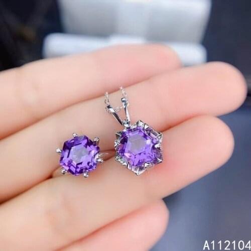 KJJEAXCMY fine jewelry 925 sterling silver inlaid natural amethyst women exquisite fresh hexagon gem ring pendant suit support d