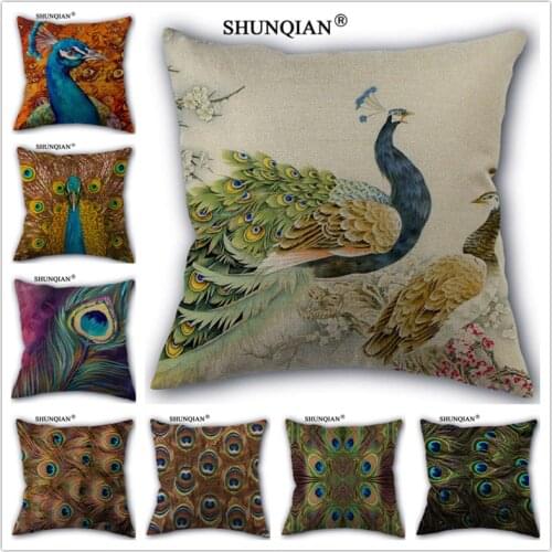 Linen Cotton Peacock feather Pillow Cover Custom Print Home Decorative Pillows Cases 45x45cm one side Y418-5
