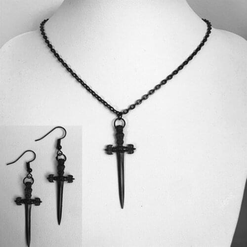 1 Set New Gothic Black Sword Necklace Earring Dagger Creativity Punk Jewelry Fashion Men Women Gift Novelty Classical Darkness