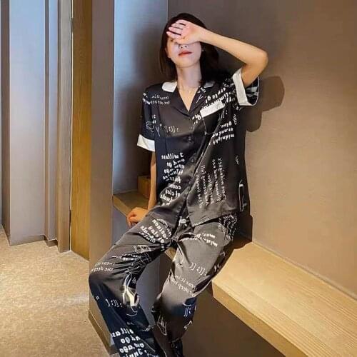 Print Letter Sleepwear Women Satin Pajamas Pour Femme Nightwear Sexy Turn-Down Collar Home Clothes With Pants 2PCS Pjs Sets