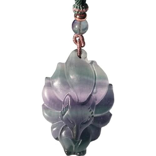 Fine Natural fluorite Stone Pendants Carved Nine Tails Fox Pendant Sweater Chain Necklace Luck for Women Men Evil Spirit Jewelry