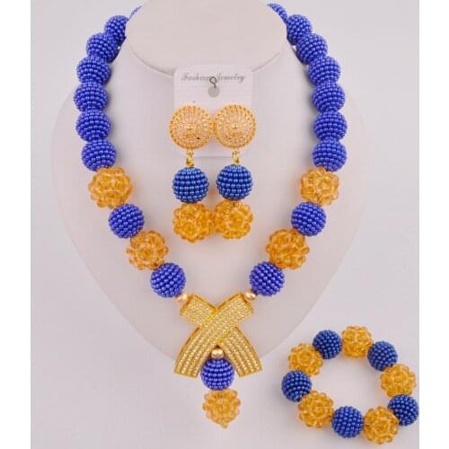 Lovely Royal Blue and Champagne Gold African Jewelry Set Nigerian Necklace Beads Sets SP-2-1