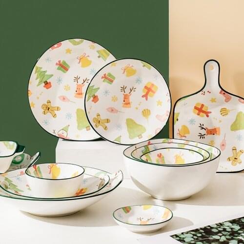 Christmas Tree Elk Ceramic Dinnerware Set Plates And Bowls Sets Under Glazed Home Kitchen Use Noodles Bowl